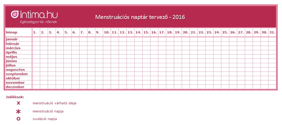 Letölthető, kinyomtatható menstruációs naptár 2016-ra