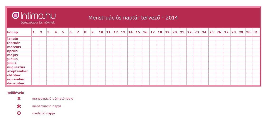 Letölthető, kinyomtatható menstruációs naptár 2014-re